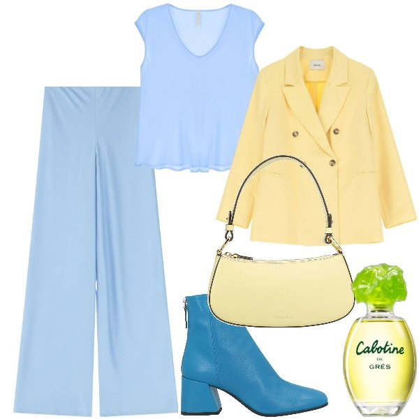 Outfit donna - Tonalità pastello. Stile Trendy per Tutti i giorni. Abbinamento con stivaletti, borse a mano, profumi, top, pantaloni, blazer.