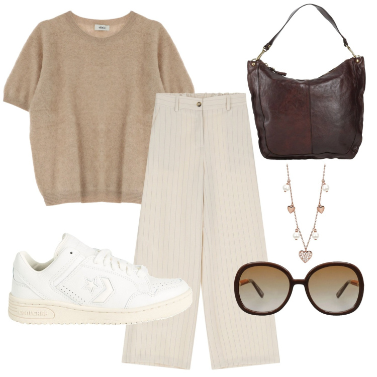 Outfit donna - Spring Is in the air. Stile Casual chic per Tutti i giorni. Abbinamento con sneakers, occhiali da sole, borse a spalla, collane, pantaloni a palazzo, pullovers.