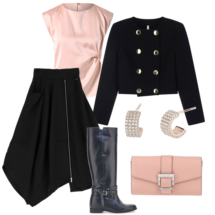 Outfit donna - La gonna asimmetrica per la sera. Stile Glamour per Serata fuori. Abbinamento con borse a mano, orecchini, top, gonne longuette, blazer, stivali.