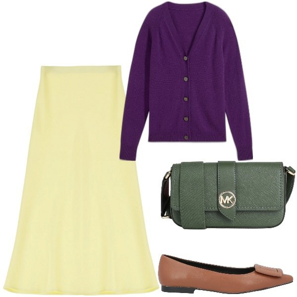 Outfit donna - Giallo e viola. Stile Romantica per Tutti i giorni. Abbinamento con cardigans, borse a tracolla, ballerine, gonne longuette.