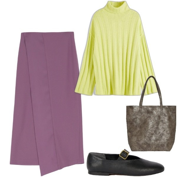 Outfit donna - Giallo e viola. Stile Basic per Tutti i giorni. Abbinamento con maglieria, shopping bag, gonne longuette, ballerine.