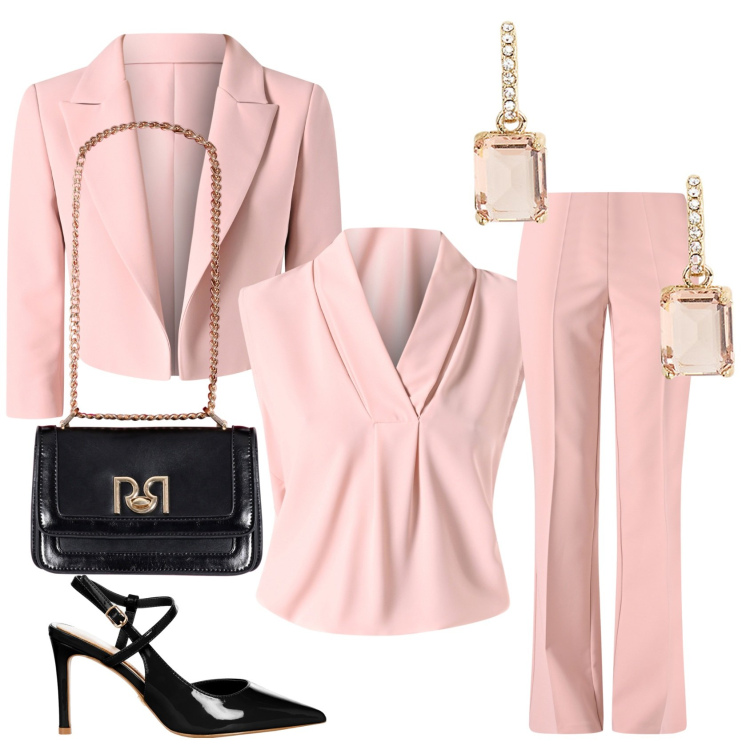 Outfit donna - Madrina. Stile Chic per Cerimonia. Abbinamento con bluse, pantaloni, blazer, décolleté, borse a tracolla, orecchini.