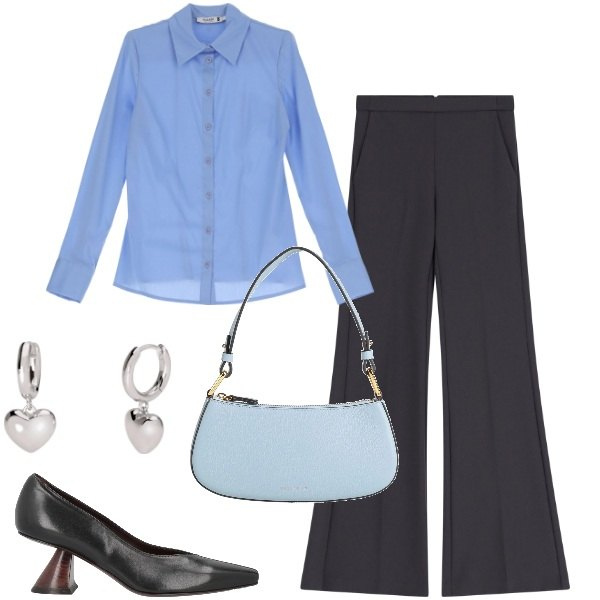 Outfit donna - Cuoricini. Stile Basic per Ufficio. Abbinamento con décolleté, borse a mano, camicie, orecchini, pantaloni.