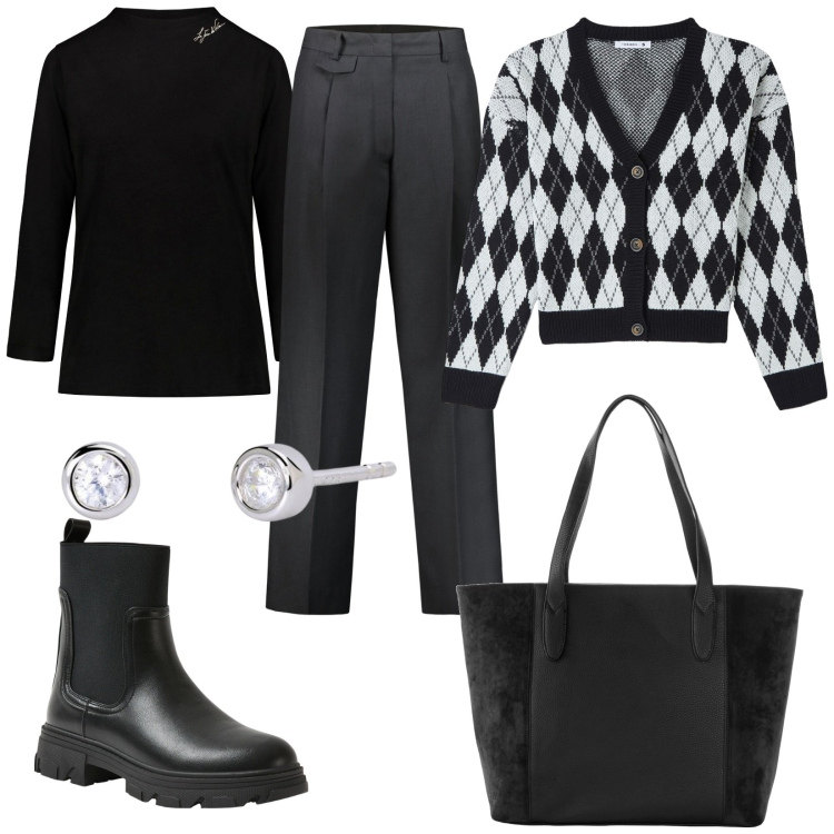 Outfit donna - Il mio colore preferito. Stile Minimal per Tutti i giorni. Abbinamento con shopping bag, cardigans, stivaletti chelsea, orecchini, pantaloni, t-shirt.