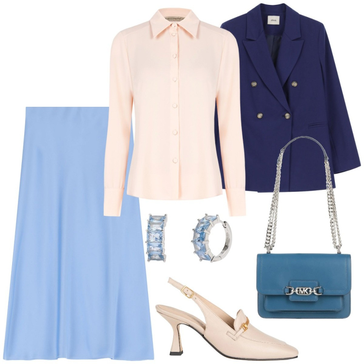 Outfit donna - Tonalità pastello. Stile Romantica per Cerimonia. Abbinamento con décolleté, borse a spalla, gonne longuette, blazer, orecchini, camicie.