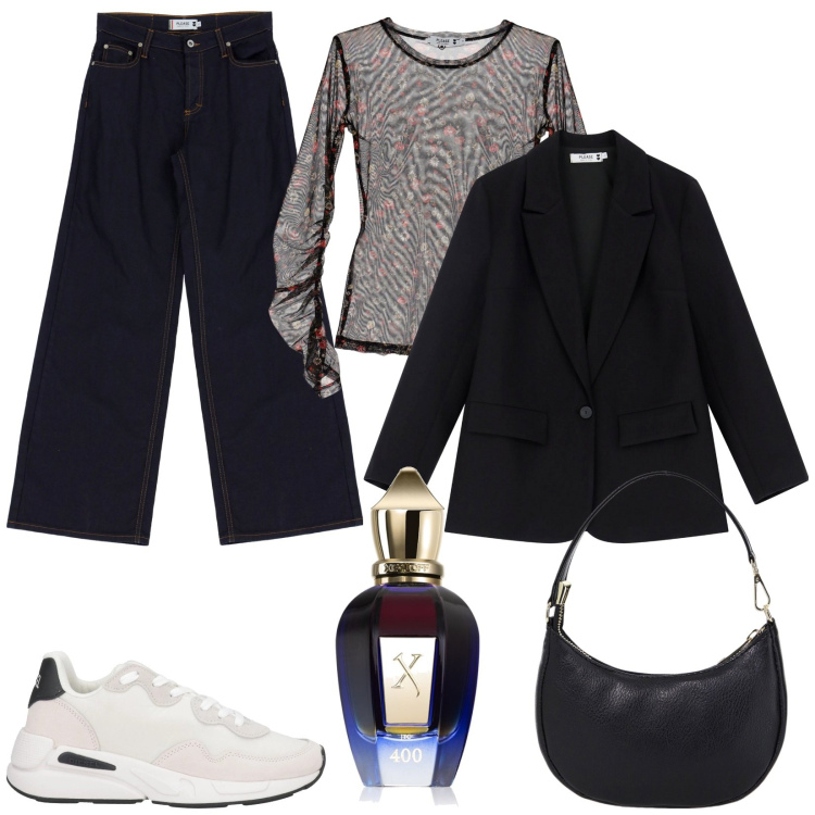 Outfit donna - Serata casual chic. Stile Casual chic per Serata fuori. Abbinamento con sneakers, profumi, jeans, t-shirt, blazer, borse a spalla.