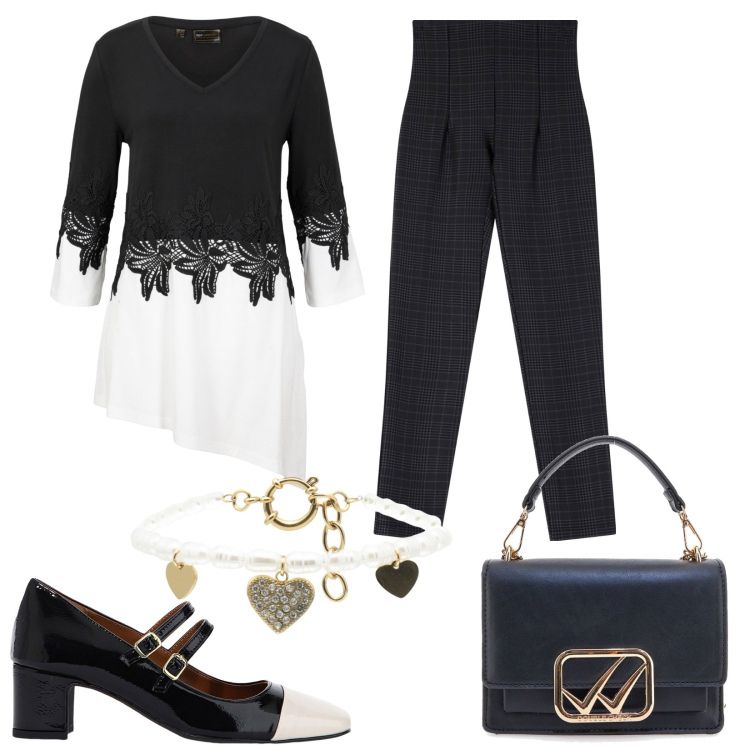 Outfit donna - Blusa asimmetrica. Stile Bon Ton per Serata fuori. Abbinamento con maglieria, pantaloni, décolleté, braccialetti, borse a tracolla.