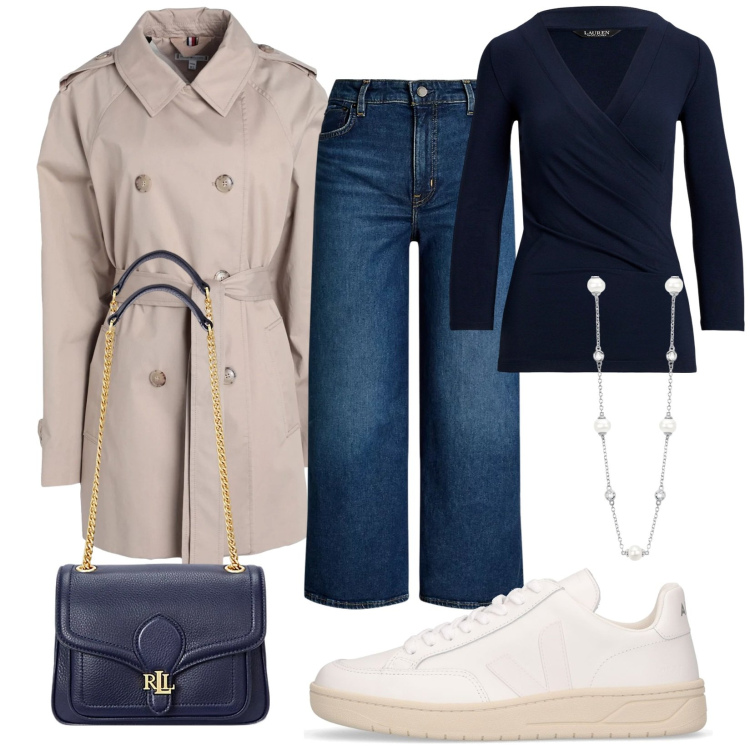 Outfit donna - Passeggiata al parco. Stile Trendy Abbinamento con trench, collane, borse a spalla, top, jeans, sneakers.