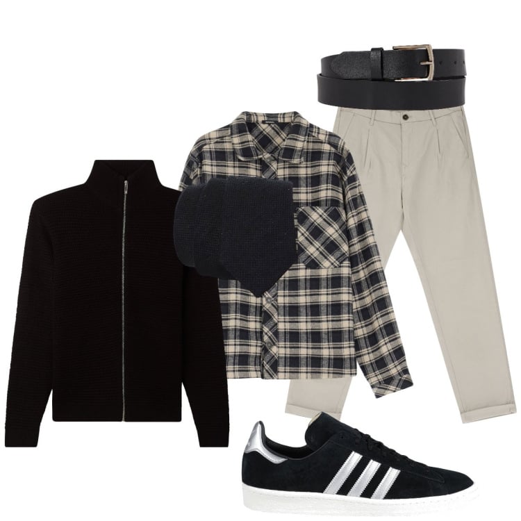 Outfit uomo - Businessman anticonformista. Stile Casual per Ufficio. Abbinamento con sneakers, cardigans, pantaloni chino, camicie, cravatte, cinture.