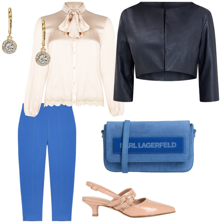 Outfit donna - Invitata. per Cerimonia. Abbinamento con borse a tracolla, décolleté, blazer, camicie, orecchini, pantaloni chino.