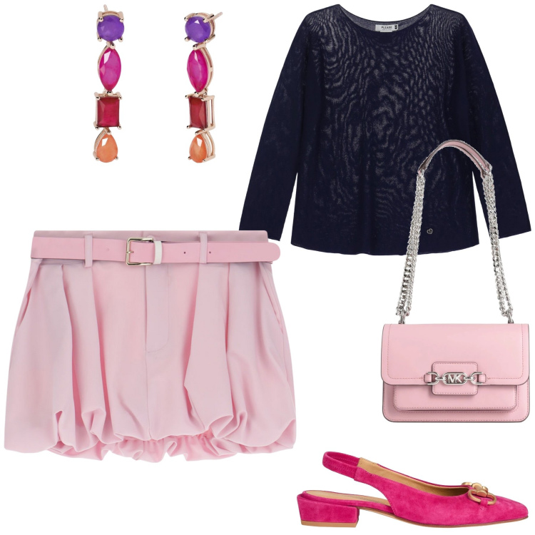 Outfit donna - Gonna a palloncino. Stile Trendy per Serata fuori. Abbinamento con ballerine, borse a spalla, orecchini, pullovers, minigonne.
