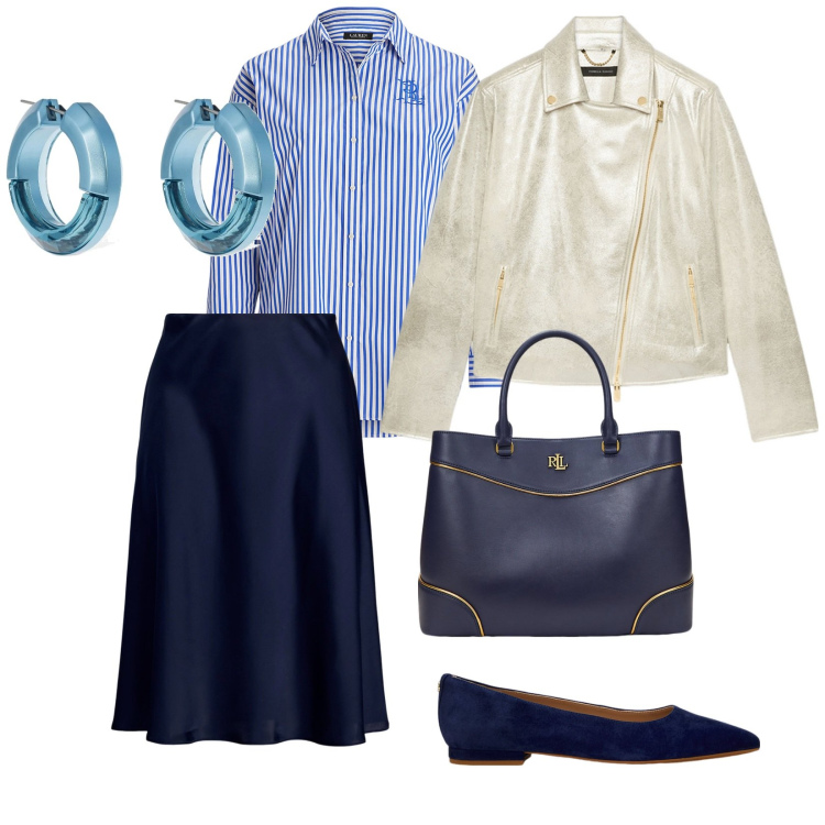 Outfit donna - Il blu. per Tutti i giorni. Abbinamento con gonne, ballerine, borse a mano, camicie, blazer, orecchini.