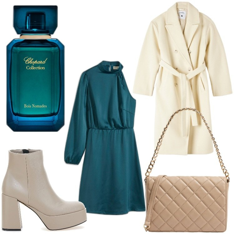 Outfit donna - Una sera in verde. Stile Chic per Serata fuori. Abbinamento con vestiti asimmetrici, profumi, cappotti, borse a tracolla, stivaletti.