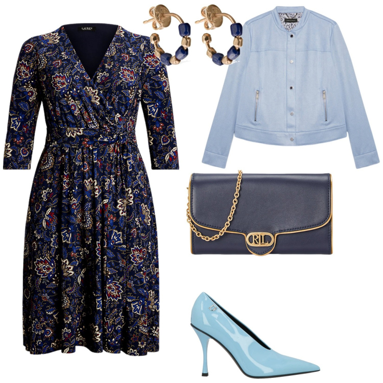 Outfit donna - In blu a pranzo fuori. per Tutti i giorni. Abbinamento con décolleté, vestiti, borse a tracolla, blazer, orecchini.
