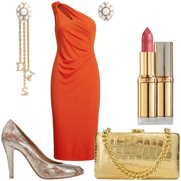 Outfit donna - Asimmetrie. Stile Chic per Serata fuori. Abbinamento con décolleté, orecchini, rossetti, vestiti asimmetrici, clutch.