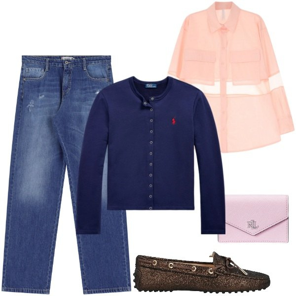 Outfit donna - scarpe da barca e jeans. Stile Casual chic per Tutti i giorni. Abbinamento con mocassini, jeans dritti, camicie, cardigans, portafogli.