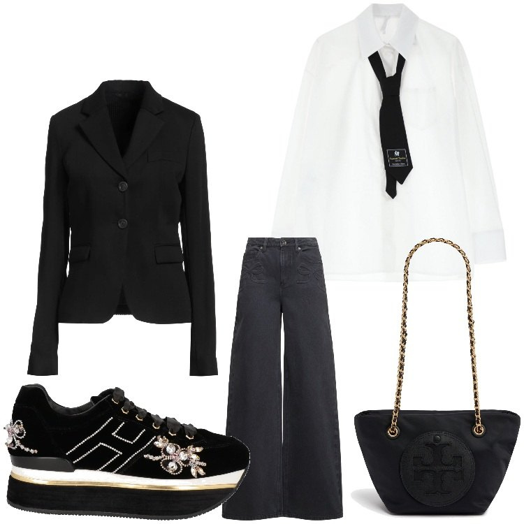 Outfit donna - Casual e paillettes. Stile Casual chic per Serata fuori. Abbinamento con sneakers, blazer, camicie, borse a tracolla, jeans.
