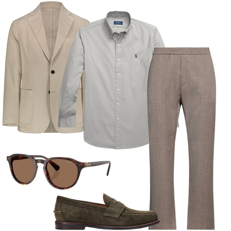 Outfit uomo - Look da business informale. Stile Business/Elegante per Ufficio. Abbinamento con pantaloni chino, occhiali da sole, camicie, scarpe stringate, giacche.