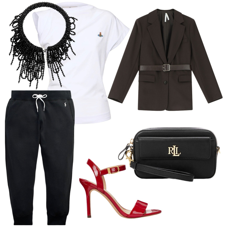 Outfit donna - Ci vediamo in centro. per Serata fuori. Abbinamento con blazer, pochette, pantaloni sportivi, sandali col tacco, collane, top.