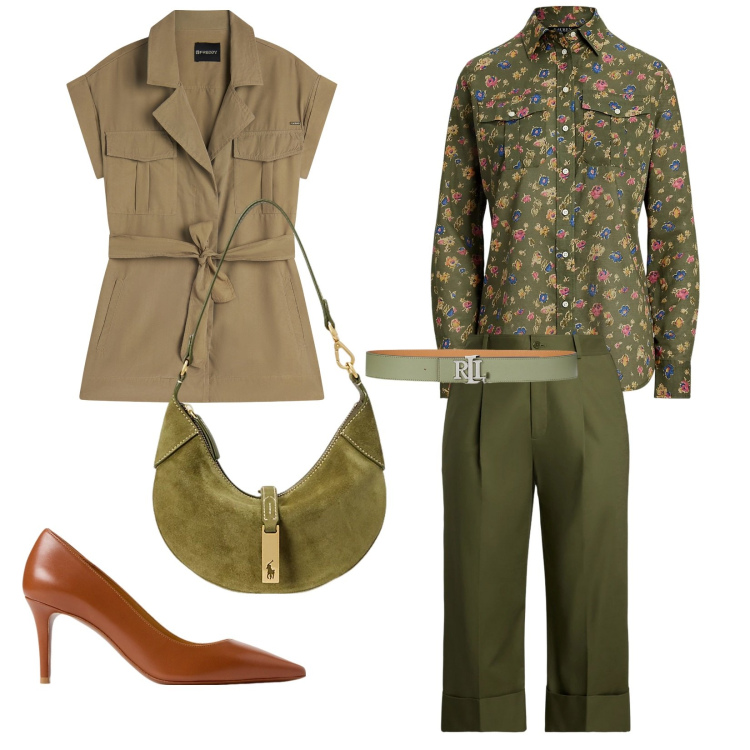 Outfit donna - Elegante e comoda. per Ufficio. Abbinamento con trench, décolleté, borse a spalla, camicie, pantaloni, cinture.