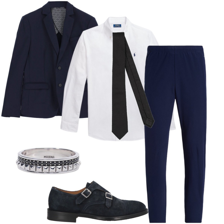 Outfit uomo - Un anello importante. Stile Business/Elegante per Serata speciale. Abbinamento con scarpe stringate, cravatte, anelli, giacche, camicie, pantaloni.