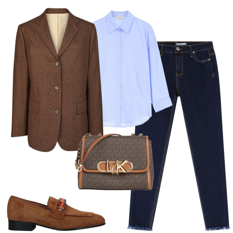 Outfit donna - City. Stile Urban per Tutti i giorni. Abbinamento con borse a tracolla, mocassini, jeans skinny, camicie, blazer.