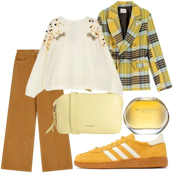 Outfit donna - A spasso per la città. Stile Trendy per Tutti i giorni. Abbinamento con borse a tracolla, profumi, maglieria, pantaloni, blazer, sneakers.