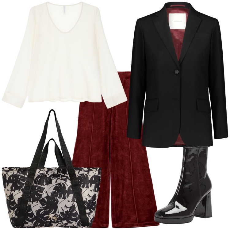 Outfit donna - Perfetto look per il lavoro. Stile Urban per Ufficio. Abbinamento con stivaletti, camicie, shopping bag, pantaloni a palazzo, blazer.