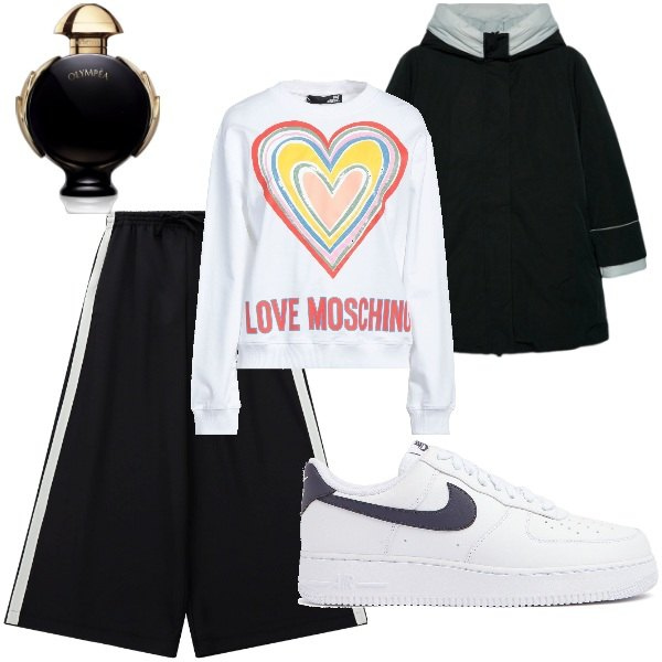 Outfit donna - A spasso per la città. Stile Sporty chic per Tutti i giorni. Abbinamento con felpe, profumi, pantaloni, piumini, sneakers.