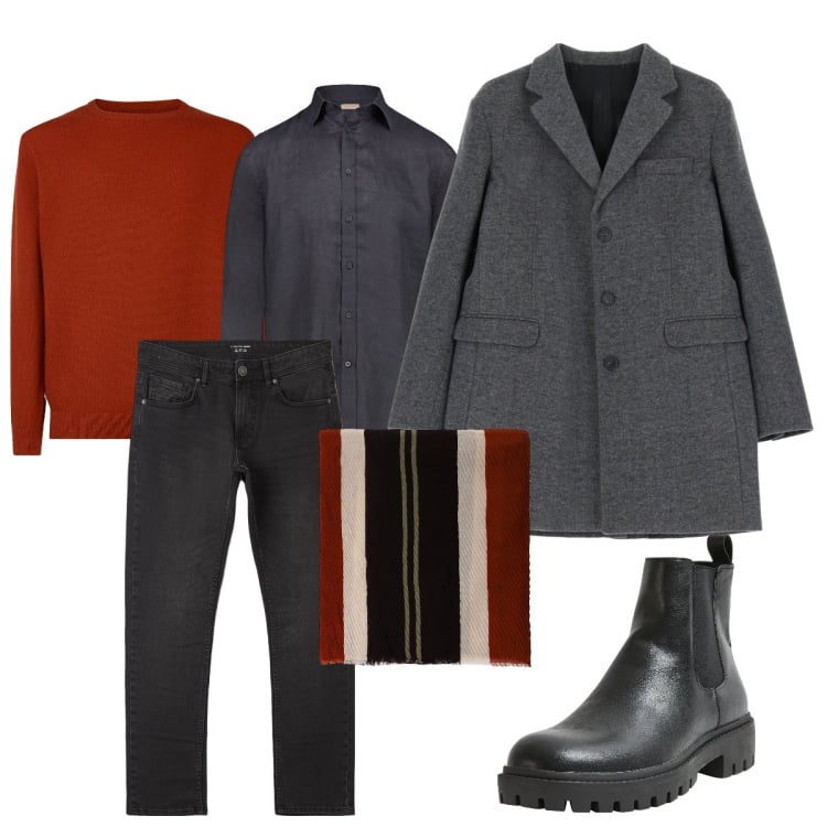 Outfit uomo - Cappotto in tweed. Stile Business/Elegante per Ufficio. Abbinamento con stivali e stivaletti, jeans dritti, cappotti, sciarpe e foulard, maglieria, camicie.