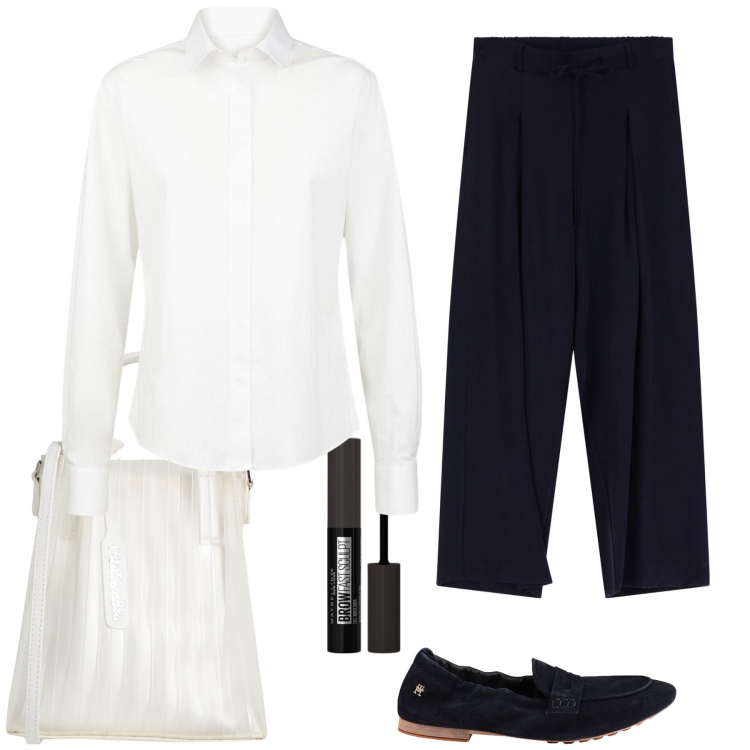 Outfit donna - Bianco e nero la scelta giusta. Stile Urban per Tutti i giorni. Abbinamento con borse a mano, mocassini, mascara, pantaloni, camicie.