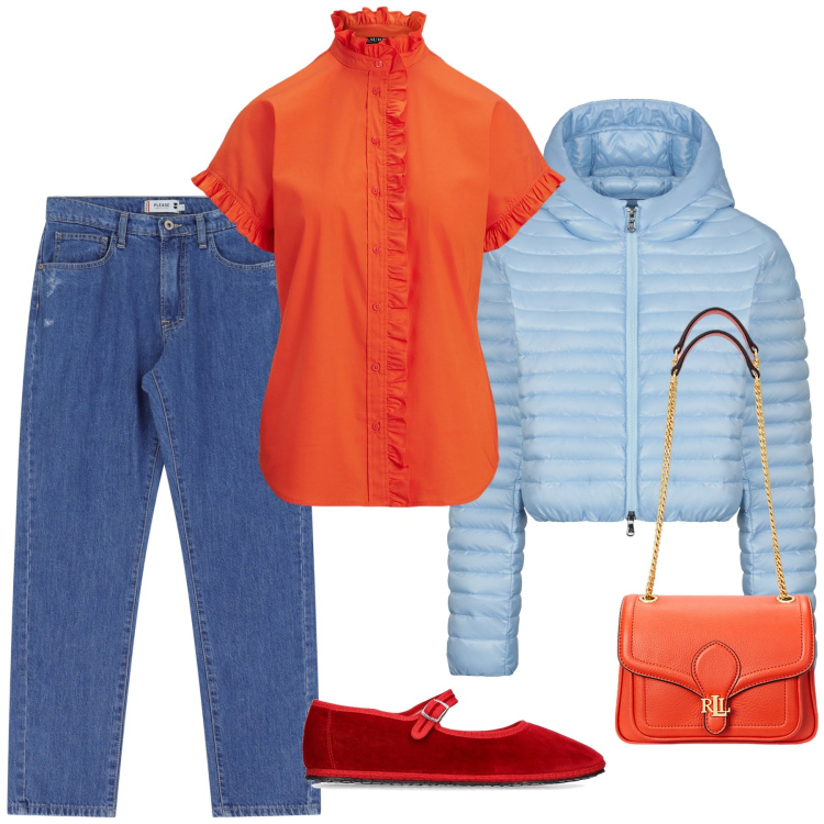 Outfit donna - Succo d arancia. Stile Trendy per Tutti i giorni. Abbinamento con jeans dritti, borse a spalla, camicie a manica corta, piumini, ballerine.