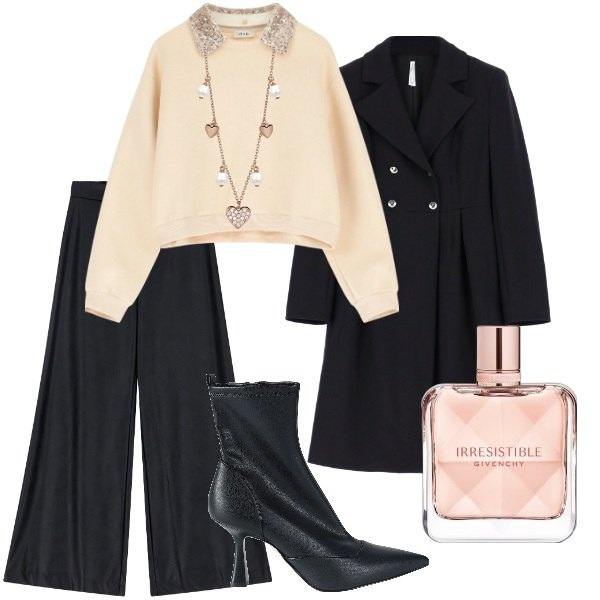 Outfit donna - Serata fuori. Stile Romantica per Serata fuori. Abbinamento con stivaletti, profumi, collane, cappotti, felpe, pantaloni a palazzo.