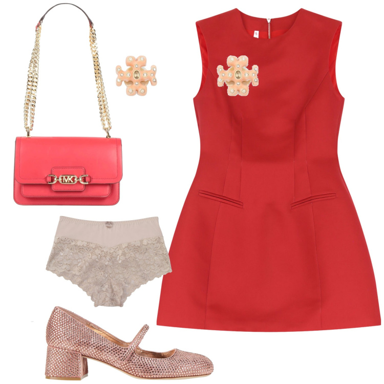 Outfit donna - Apericena. Stile Trendy per Serata fuori. Abbinamento con culotte, décolleté, borse a spalla, orecchini, vestiti corti.