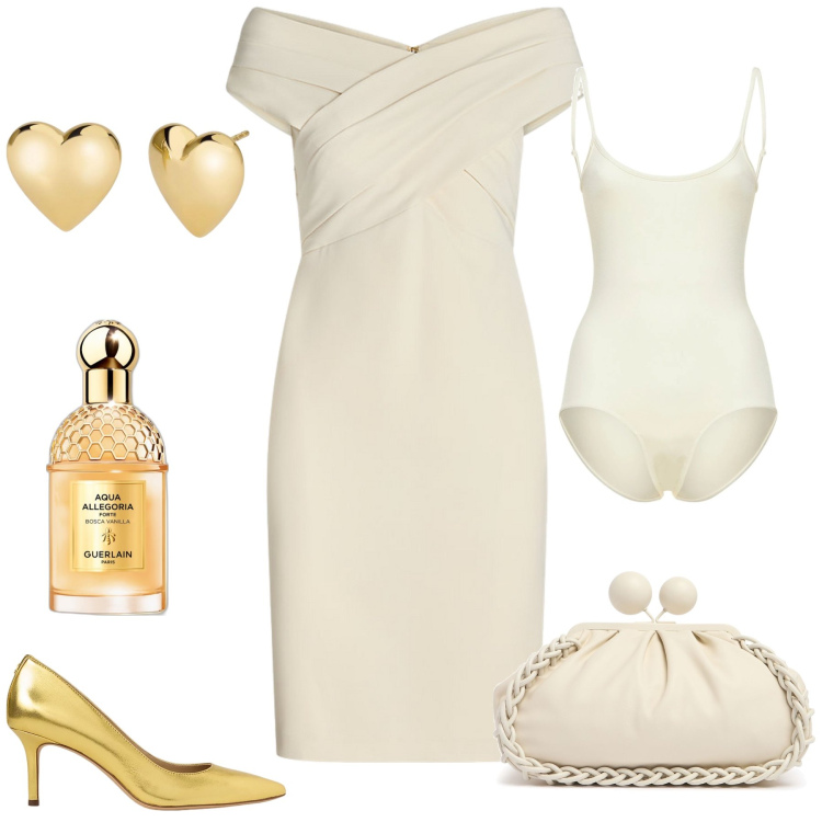 Outfit donna - Anniversario di nozze. Stile Glamour per Serata fuori. Abbinamento con profumi, orecchini, vestiti, décolleté, body, pochette.