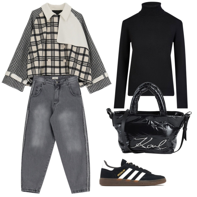 Outfit donna - Anche per l\'ufficio. Stile Trendy Abbinamento con borse a mano, blazer, jeans, maglieria, sneakers.