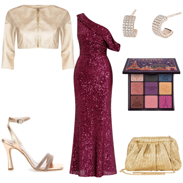Outfit donna - Cerimonia Curvy. Stile Glamour per Cerimonia. Abbinamento con ombretti, orecchini, bolero, vestiti asimmetrici, clutch, sandali col tacco.