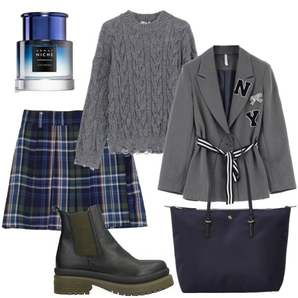 Outfit donna - Total look #2064418. Stile Trendy per Tutti i giorni. Abbinamento con stivaletti, profumi, blazer, minigonne, maglieria, borse tote.