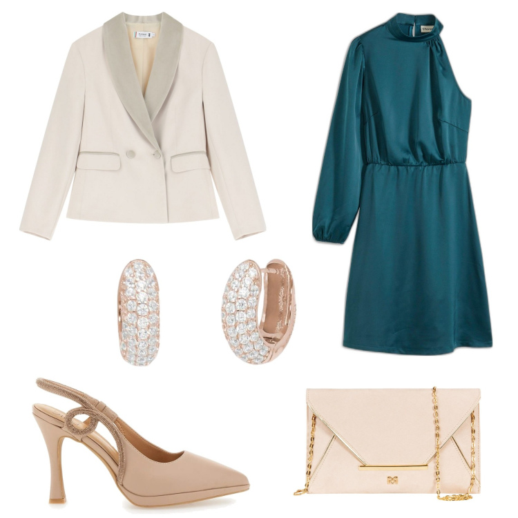 Outfit donna - Eleganza Curvy. Stile Chic per Cerimonia. Abbinamento con vestiti asimmetrici, orecchini, pochette, blazer, décolleté.
