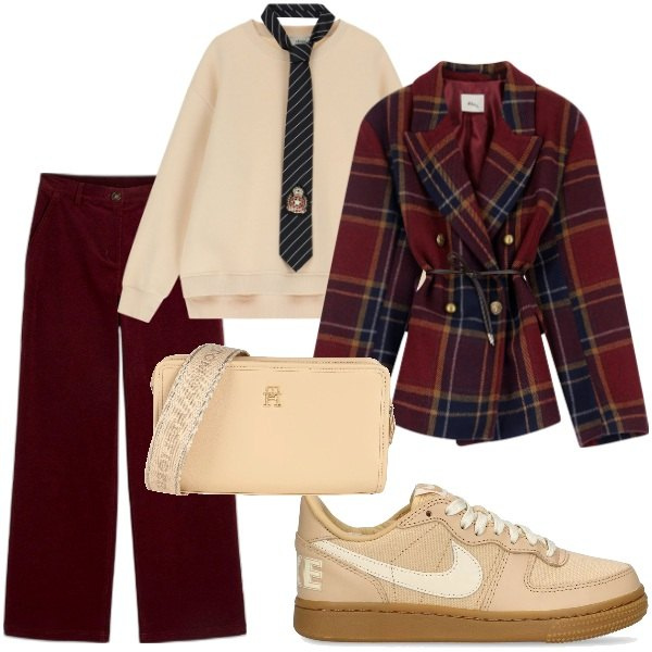 Outfit donna - Total look #2064421. Stile Trendy per Tutti i giorni. Abbinamento con pantaloni, borse a tracolla, blazer, felpe, sneakers.