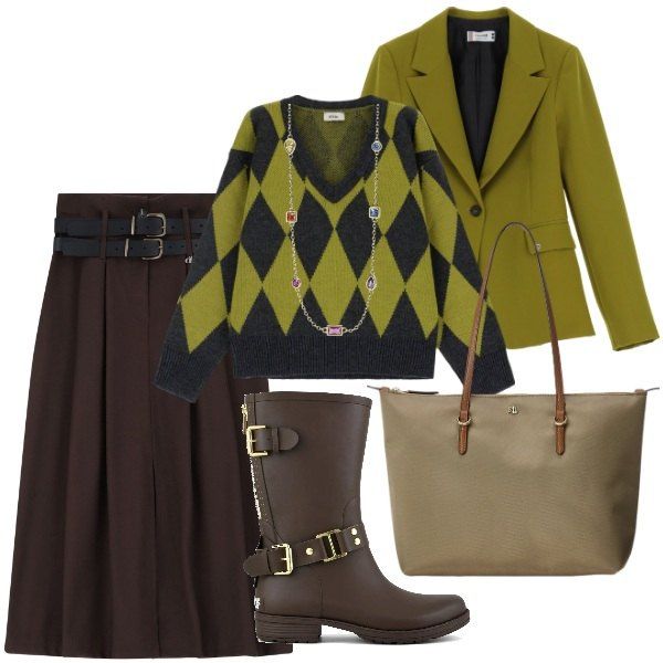 Outfit donna - Domenica mattina. Stile Trendy per Tutti i giorni. Abbinamento con collane, blazer, pullovers, gonne, borse tote, stivali.