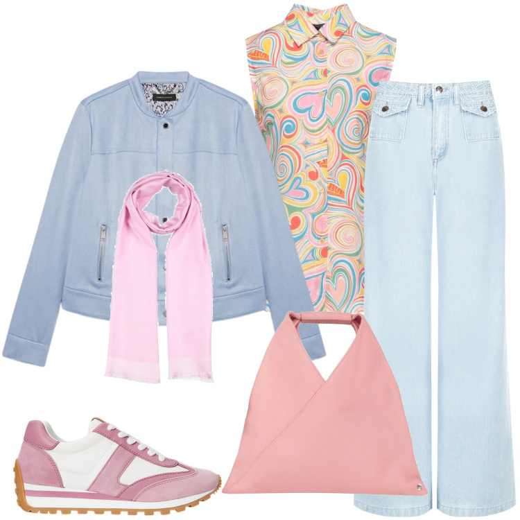 Outfit donna - Tonalità pastello. Stile Casual chic per Serata fuori. Abbinamento con camicie, sciarpe, borse a mano, jeans dritti, sneakers, blazer.