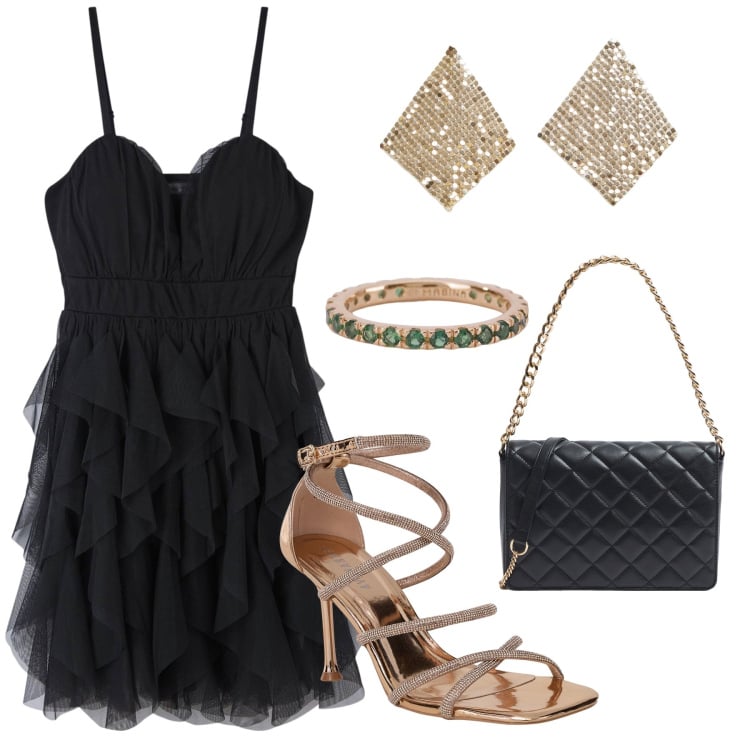 Outfit donna - Black and Gold look. Stile Sexy per Serata fuori. Abbinamento con orecchini, vestiti corti, sandali col tacco, borse a tracolla, anelli.