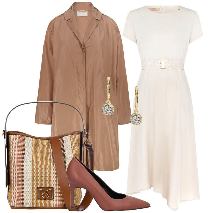 Outfit donna - In ufficio con classe. Stile Chic per Ufficio. Abbinamento con décolleté, vestiti, borse a secchiello, orecchini, trench.