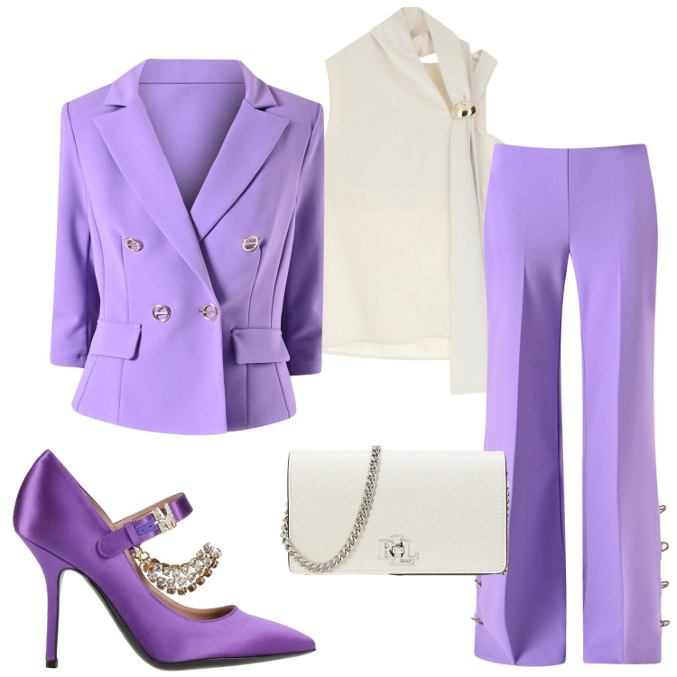 Outfit donna - Tonalità pastello. Stile Chic per Cerimonia. Abbinamento con décolleté, pantaloni a palazzo, blazer, top, borse a tracolla.