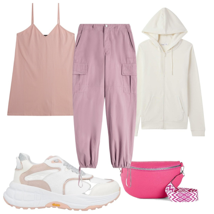 Outfit donna - Total look #2064440. Stile Basic per Sport. Abbinamento con marsupi, sneakers, felpe con cappuccio, pantaloni cargo, vestiti corti.