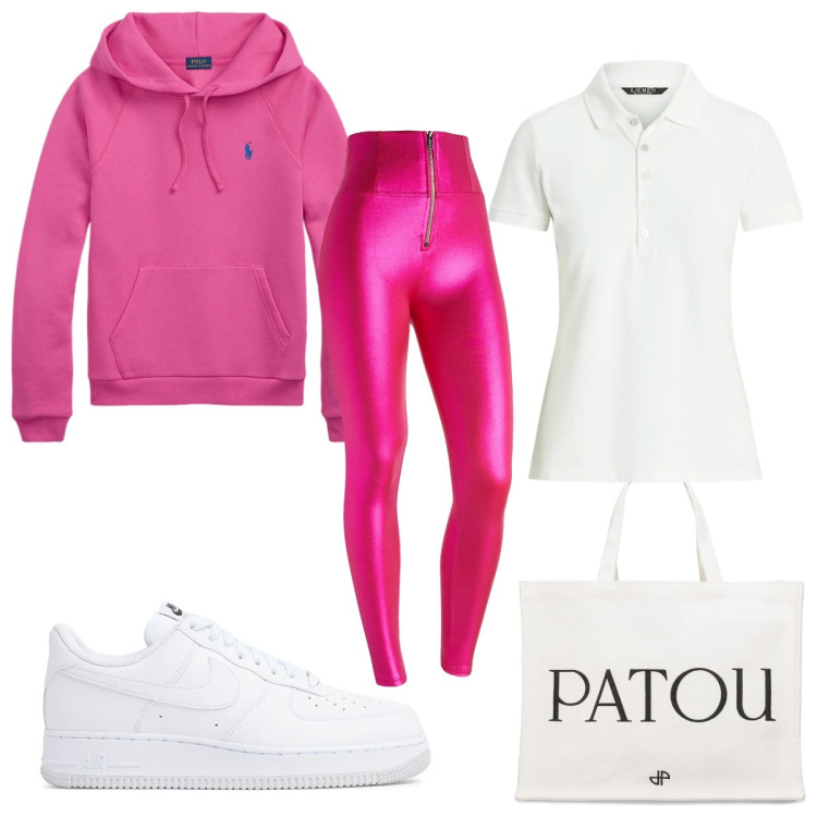 Outfit donna - Total look #2064444. Stile Basic per Sport. Abbinamento con pantaloni skinny, felpe con cappuccio, polo, sneakers, shopping bag.