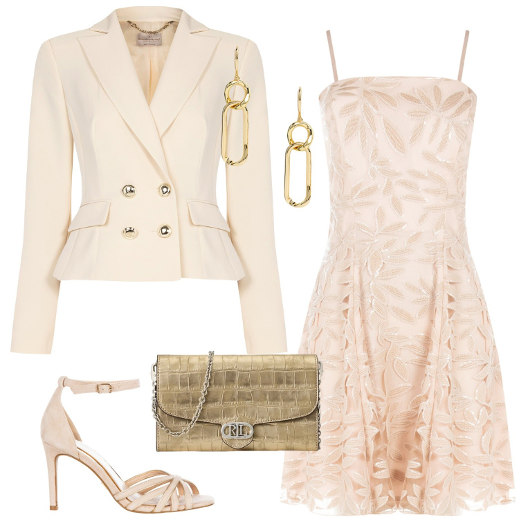 Outfit donna - Tonalità pastello. Stile Chic per Cerimonia. Abbinamento con vestiti corti, sandali col tacco, blazer, orecchini, borse a tracolla.