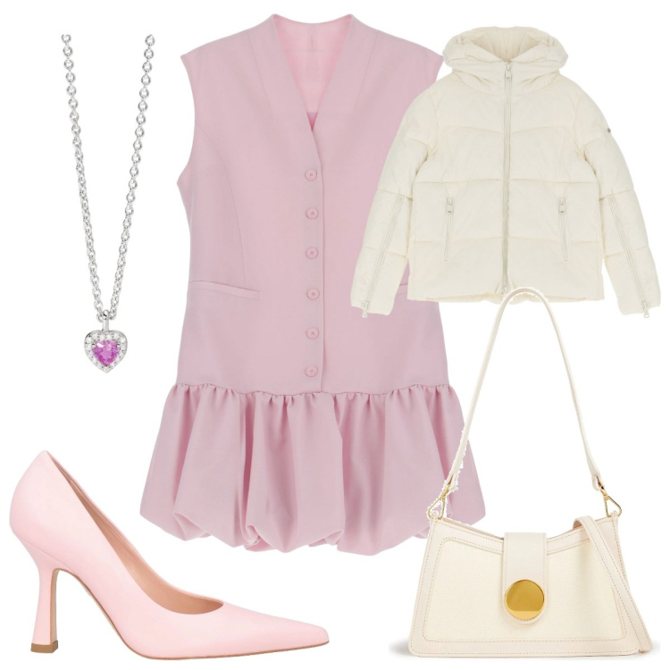 Outfit donna - Total look #2064448. Stile Romantica per Tutti i giorni. Abbinamento con décolleté, borse a spalla, ciondoli, piumini, vestiti corti.