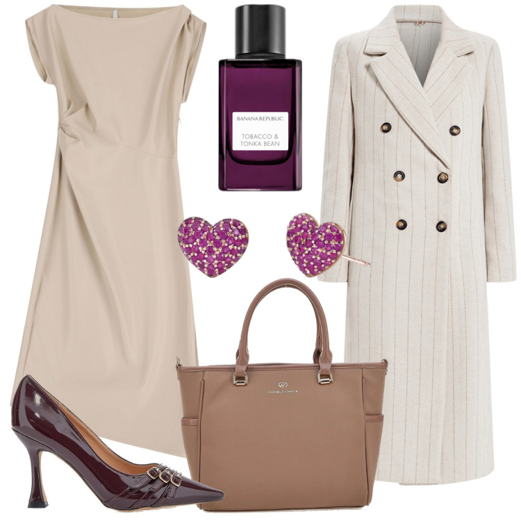 Outfit donna - Total look #2064452. Stile Bon Ton per Ufficio. Abbinamento con profumi, orecchini, cappotti, vestiti midi/longuette, borse a tracolla, décolleté.